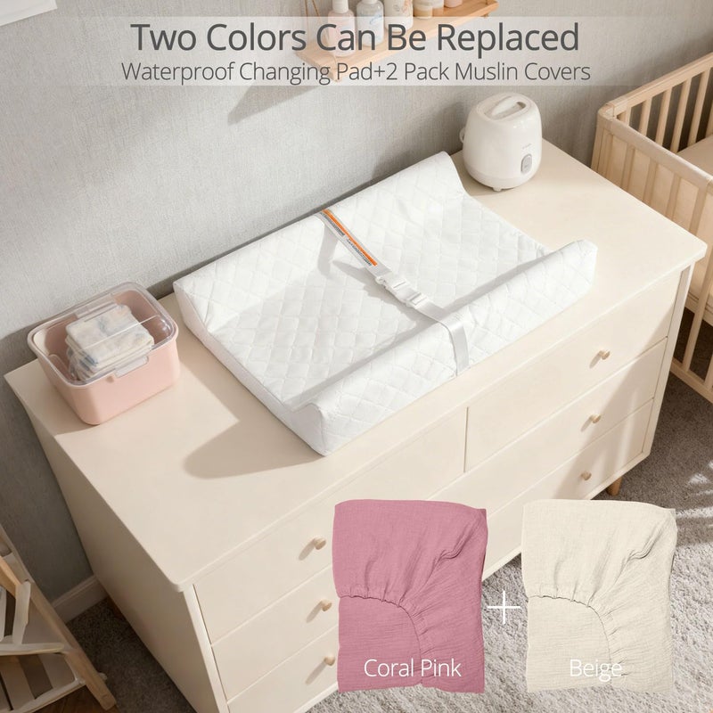 JVEOO Muslin Baby Changing Pad, 2 Pack Muslin Soft Cotton Covers & Waterproof Lining Foam Diaper Changing Table Pad 32" x 16.6" Mat for Dressers - Image 2